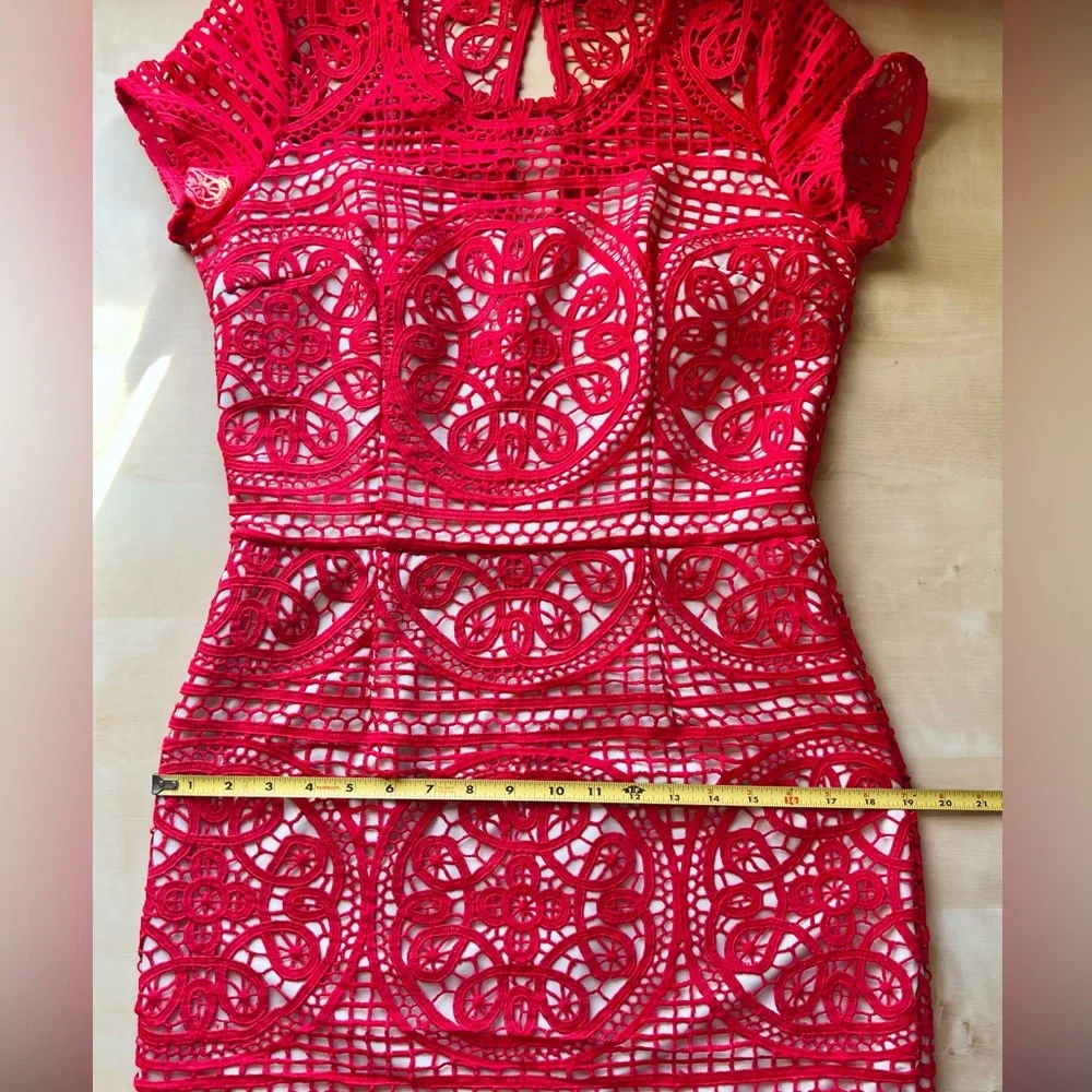 Red Lace Illusion Mini Sheath Dress Size 8 Date Night Wedding guest, Cocktail - Picture 7 of 11